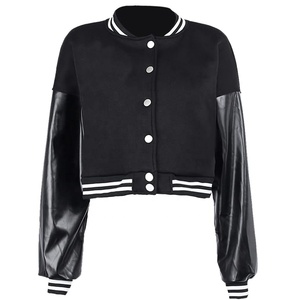 Factory Price Women's Crop Varsity <b>Jacket</b> with <b>Long</b> Faux <b>Leather</b> Sleeves Solid Color Knitted Cotton Custom OEM Options Autumn - Product Image 2