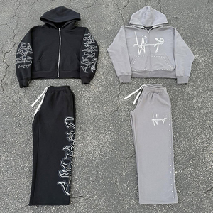 Hooded Streetwear Tracksuit Set White Logo Print Full-Length Sweatpants <b>Zip</b>-<b>Up</b> <b>Jacket</b> Windproof Casual Wear for Adults Autumn - Product Image 6