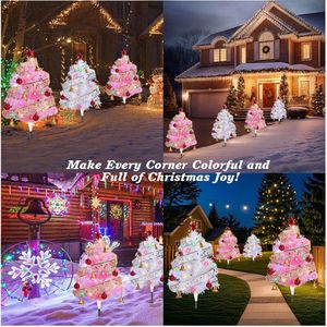 Set di 4 Alberi di Natale Preilluminati da Esterno, Alberi da Giardino da 86 cm con Nastri Intrecciati, Palline Rosse, Campanelle, Alberi di Natale a Energia Solare con Ricarica Type-C - Product Image 6