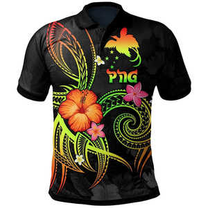 Polo à manches courtes pour homme avec drapeau de la Papouasie-Nouvelle-Guinée (PNG), impression par sublimation, coupe classique, style décontracté, jaune, rouge, noir - Product Image 1