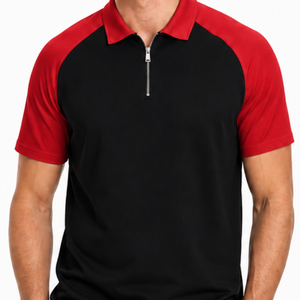 Elegante Polo de Hombre con Bloques de Color, Cierre de Cremallera de Cuarto, Contraste Rojo y Negro, Manga Raglán, Camiseta Polo Ajustada con Cuello de Cremallera - Product Image 2