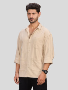 เสื้อเชิ้ตแขนยาวสีเบจสำหรับผู้ชาย ผ้าฝ้ายทอสีพื้นทรงพอดีตัว - Product Image 4