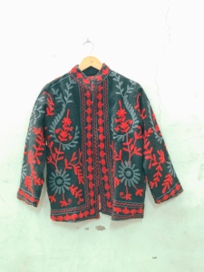 Hand Embroidered Women's <b>Jacket</b> <b>Mandarin</b> <b>Collar</b> Floral Pattern Full Sleeve Autumn Style 100% Cotton Woven Fabric - Product Image 2