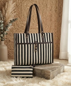 Striped Genuine Leather Hand-painted Embroidery <b>Large</b> Capacity <b>Tote</b> <b>Bag</b> with Pouch Buckle Closure <b>for</b> Beach & Daily Use & <b>Travel</b> - Product Image 2