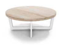 Table basse ronde aspect chêne, plateau en métal, table à manger ronde, mobilier moderne pour salon