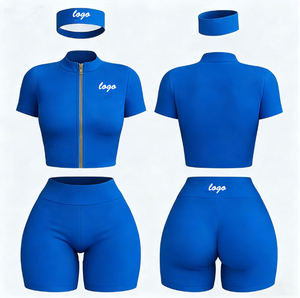 Conjunto Deportivo de Dos Piezas para Mujer, Texturizado, Elástico en Cuatro Direcciones, Top Corto con Cierre y Pantalones Cortos, Ropa Deportiva para Gimnasio - Product Image 1