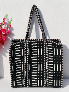 Black Solid Color Quilted Cotton <b>Vintage</b> Lightweight <b>Tote</b> <b>Bag</b> Large Shoulder Handbag Reusable Shopping Travel OEM ODM - Product Image 1