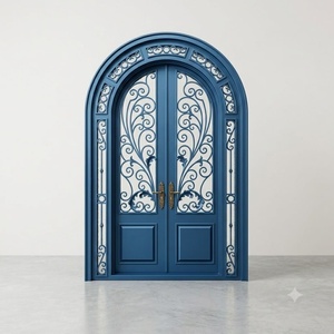 Royal Luxury Modern Wrought Iron Water Resistant Entry Door Geometric Glass Panels Arched Design <b>Swing</b> Style Exterior Door - Product Image 1
