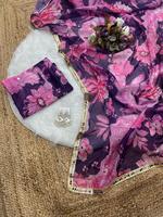 Sari traditionnel Tebby en pur Khaddi Georgette, imprimé numérique, broderie, bordure à motifs miroir, séchage rapide, protection solaire