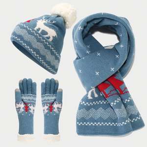 Ensemble tricoté personnalisable OEM renne de Noël : bonnet, écharpe, gants, bonnet à pompon doublé polaire, logo OEM, ensemble chaud d'hiver pour les fêtes, vente en gros - Product Image 3