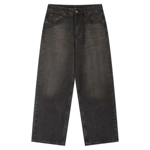 Jeans personnalisés en gros pour hommes, style streetwear hip-hop, à ourlet brut, coupe ample, délavés par le soleil, coupe droite, bleu foncé, jambe large - Product Image 1