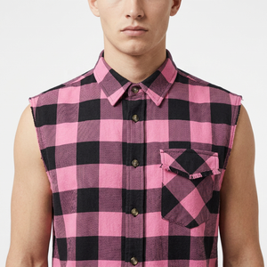 Custom <b>Men's</b> Sleeveless Plaid Flannel <b>Shirt</b> <b>Pink</b> Black Checkered Turn-Down Collar Casual Breathable 100% Cotton Spring Wear - Product Image 4