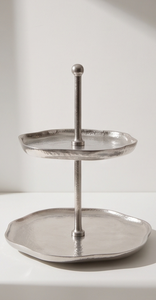 Premium Silver Metal 2 Tier Cake <b>Stand</b> with Ball Finial Handle Organic Scalloped Plate Pastry <b>Cupcake</b> Display Serving Tray - Product Image 4