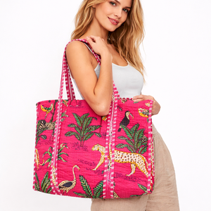 Custom Cotton Tote <b>Bag</b> Wholesale | Handmade Quilted Reversible Leopard Print Zipper Closure Embroidery <b>Beach</b> Ready Shoulder <b>Bag</b> - Product Image 3