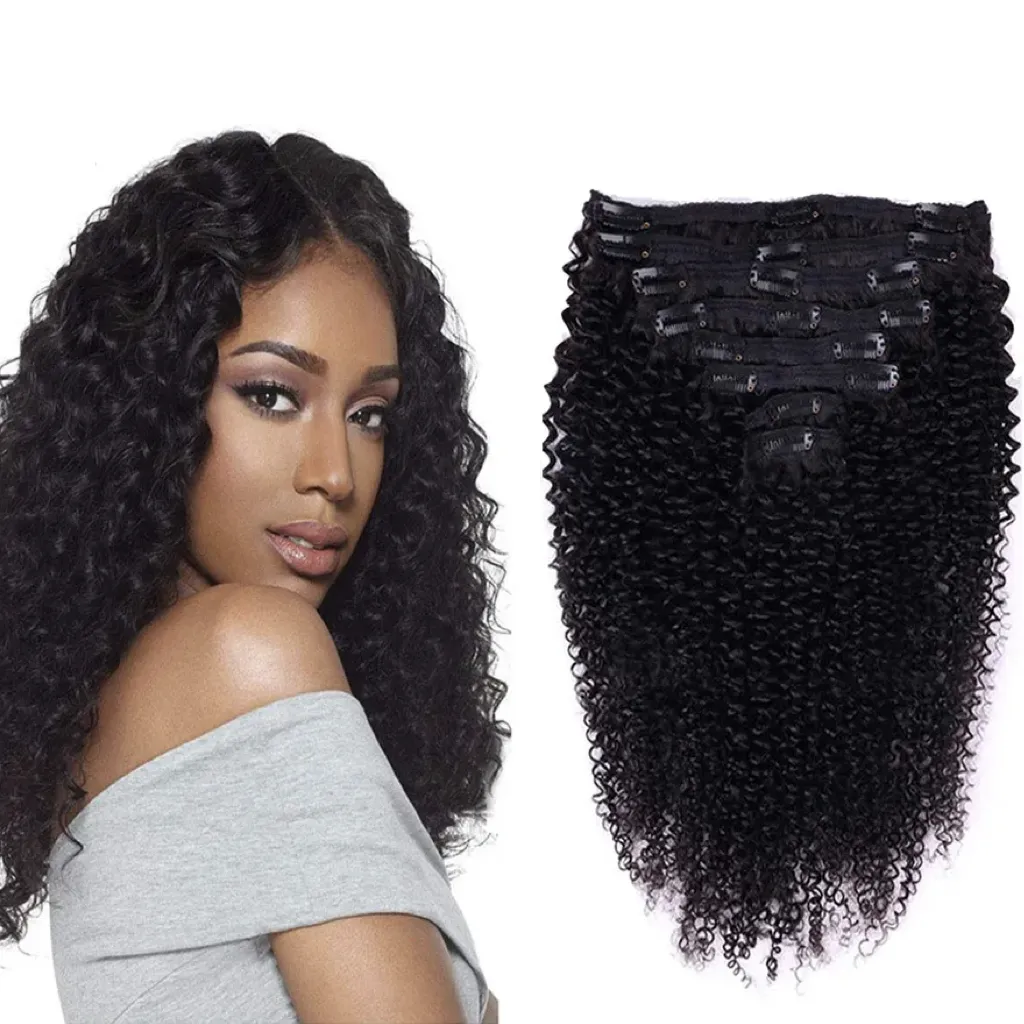 Kinky Curly Clip-in Human Hair Extensions for Black Women Real Indian Virgin Human Hair Clip Ins Natural Color 8pcs/set