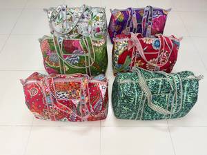 Hand Block Printed Quilted Duffel <b>Bag</b> Large Weekender Travel Gym <b>Overnight</b> Carry with Zipper Closure and Shoulder Handles - Product Image 1