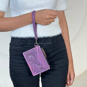 Cartera de mano de cuero genuino hecha a mano de primera calidad con cremallera, diseño floral morado, tarjetero, monedero estilo occidental - Product Image 2