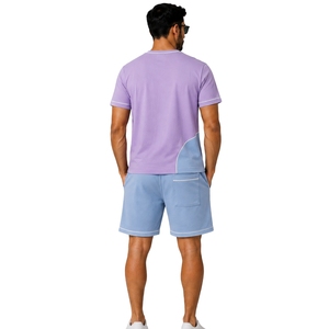 Lavender And Sky Blue Mens <b>T</b> <b>Shirt</b> Shorts Set Crew Neck Short Sleeve Pocket Top Cargo Drawstring Shorts Casual Sportswear Summer - Product Image 2
