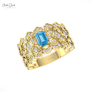 Anillo Art Deco con Topacio Azul Suizo y Diamantes Genuinos de 6x4mm, con Oro Sólido de 14k, Anillo Clásico de Chordia Jewels - Product Image 4