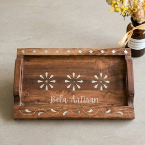 Bela Artisan Handcrafted Wood Serving Tray with Handle Decorative Floral Design White Inlay-<b>Coffee</b> <b>Table</b> Use Wedding Diwali Gift - Product Image 3