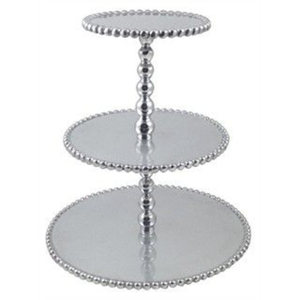 Ensemble de supports à gâteau ronds à 3 niveaux en acier inoxydable argenté brillant avec bords perlés, réutilisables, pour la présentation de desserts à la maison et en hôtel - Product Image 1