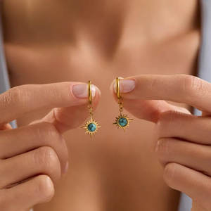 Vintage Brass Gold Sunburst <b>Turquoise</b> <b>Hoop</b> <b>Earrings</b>-Celestial Star Charm Dangle <b>Hoops</b>-Boho Blue Stone Jewelry Gift - Product Image 1