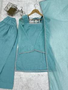 Traje Salwar Farshi Turquesa para Mujer, Conjunto de 3 Piezas, Kurta con Cuello Cuadrado, Pantalones Patiala, Dupatta, Tela de Seda, Estilo Indio-Pakistaní - Product Image 5