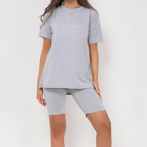 Women Fashionable Summer T-Shirt Shorts <b>Set</b> Regular Solid Above Knee 100% Cotton Two Piece Plain <b>Twin</b> <b>Set</b> - Product Image 2