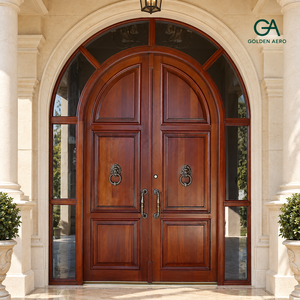 Puerta Doble Arqueada de Madera para Exterior, Entrada Principal de Villa con Ventana Superior y Vidrio Lateral GA-39S - Product Image 2