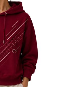 Sweat à capuche oversize rouge foncé pour femme, imprimé graphique géométrique personnalisé, en molleton de coton, pull décontracté streetwear - Product Image 4
