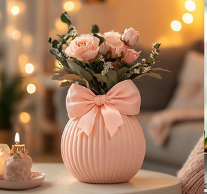 Elegante florero blanco con lazo y tulipanes; un centro de mesa chic para hogares modernos. Decoración elegante disponible a precios de mayorista. - Product Image 3