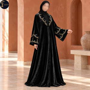 Tela de Terciopelo Negro con Bordado Floral en Dorado y Plateado |   Elegantes Detalles de Lentejuelas y Cuentas para la Confección de Abayas y Vestidos - Product Image 4