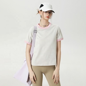 260gsm Cotton Blend Women's Contrast Trim Short Sleeve Crewneck Athleisure T-Shirt Breathable Casual Streetwear Tee for Women - Product Image 6