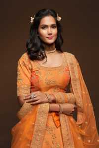 Ensemble Lehenga Choli brodé orange avec dupatta, col rond, manches trois quarts, coupe trapèze, longueur au sol, robe de demoiselle d'honneur classique - Product Image 2