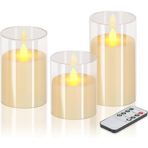 Set di 3 Candele LED Senza Fiamma da 4, 5 e 6 Pollici, Pilastri in Vetro Acrilico da 3 Pollici di Diametro, Alimentate a Batteria con Telecomando a 10 Tasti Incluso - Product Image 1