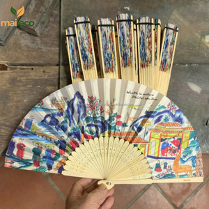 Ventilador de mano de bambú impreso personalizado respetuoso con el medio ambiente Logotipo de sublimación personalizado Artesanía de bambú de baile elegante - Product Image 5