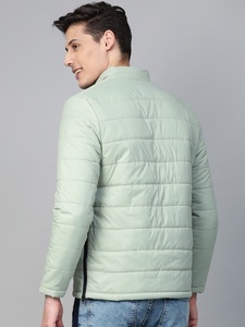 Men's <b>Light</b> Green Puffer <b>Jacket</b> Stand Collar Zipper Front Casual Autumn Wear Solid Color Slim Fit Windproof Polyester Wadding - Product Image 1