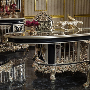 Ensemble de table à manger de style baroque royal haut de gamme, bois d'acajou, finition noir et argent, table ovale sculptée à la main, meubles anciens - Product Image 3
