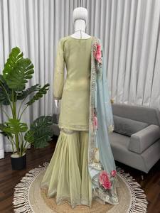 <b>Green</b> Embroidered Kurta Sharara Set With Floral Dupatta Ethnic Salwar Kameez for Wedding Party Women - Product Image 2