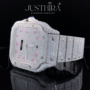 Premium Auto Date Iced Diamond Unique Design Stainless Steel <b>Case</b> Band Quartz <b>Watch</b> with Pink Arabic Number Dial Limited Edition - Product Image 3