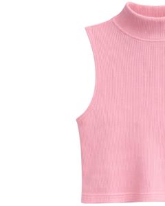 Top corto sin mangas de cuello alto acanalado rosa personalizado, ajustado, elástico, informal para mujer, chaleco básico de moda de verano - Product Image 2