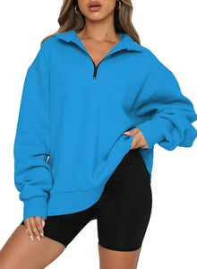 Women Oversized <b>Teal</b> Quarter-Zip Sweatshirt Full Sleeve Hooded Solid Color Knitted Breathable Waterproof 100% Cotton Winter Wear - Product Image 4