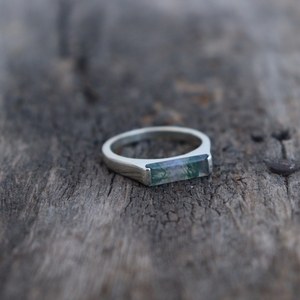 Natural Moss Agate Bar <b>Ring</b> Rectangle 925 Sterling Silver 14k Gold Luxury Engagement <b>Dainty</b> Wedding Anniversary Gift for Women - Product Image 2