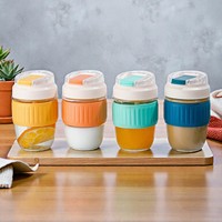 Gobelet à café portable en verre moderne réutilisable de 350 ml à paroi simple avec paille et couvercle anti-déversement, unisexe, pour le camping, qualité alimentaire