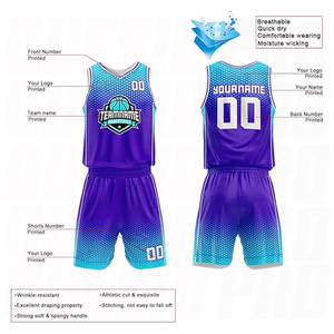 Uniforme de Baloncesto Deportivo Unisex en Malla de Poliéster Azul Claro y Morado, el Más Vendido, Diseño Personalizado con su Propio Logotipo - Product Image 2