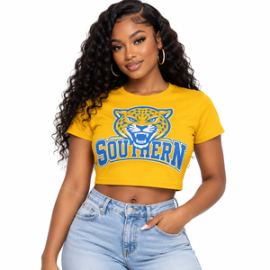 Camiseta Corta Dorada de los Jaguars de la Universidad del Sur, Personalizada con Gráficos de Mascota HBCU para Mujer, Top Corto de Algodón al por Mayor - Product Image 3