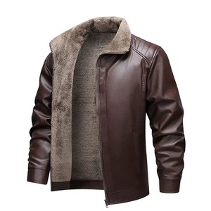 2026 New Product Warm Fleece Leather <b>Jacket</b> Fall Winter <b>Men</b> Casual Faux <b>Fur</b> Lining Stand Collar Zipper Closure Front Outdoor - Product Image 1