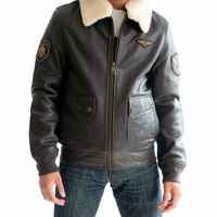 Blouson aviateur vintage en cuir véritable pour homme avec col en fourrure de mouton amovible et patchs brodés