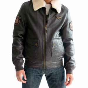 Blouson aviateur vintage en cuir véritable pour homme avec col en fourrure de mouton amovible et patchs brodés - Product Image 1