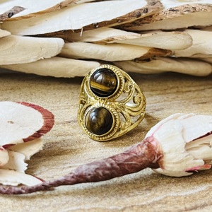 Hot Selling Double Stone Tiger Eye Brass <b>Ring</b> 18k Gold Plated <b>Chunky</b> Filigree Texture <b>Ring</b> Handmade Statement Wholesale <b>Ring</b> - Product Image 5